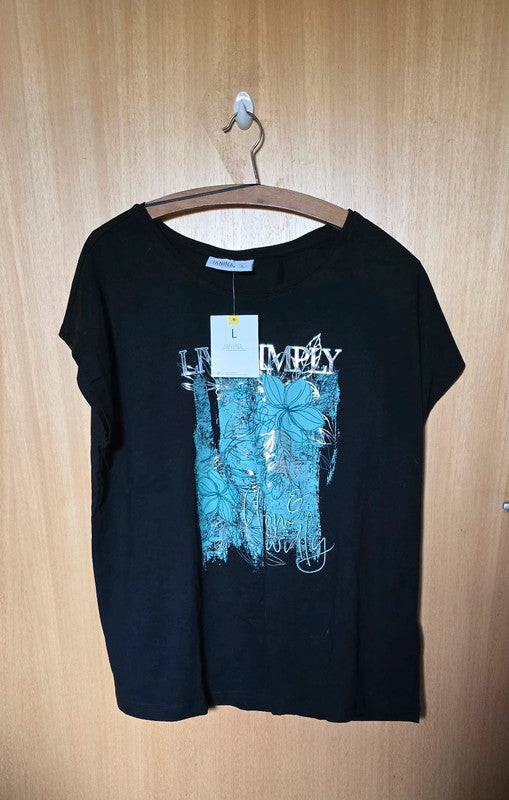 Janina Damen T-Shirt schwarz mit Blumendruck Gr.L  Neu