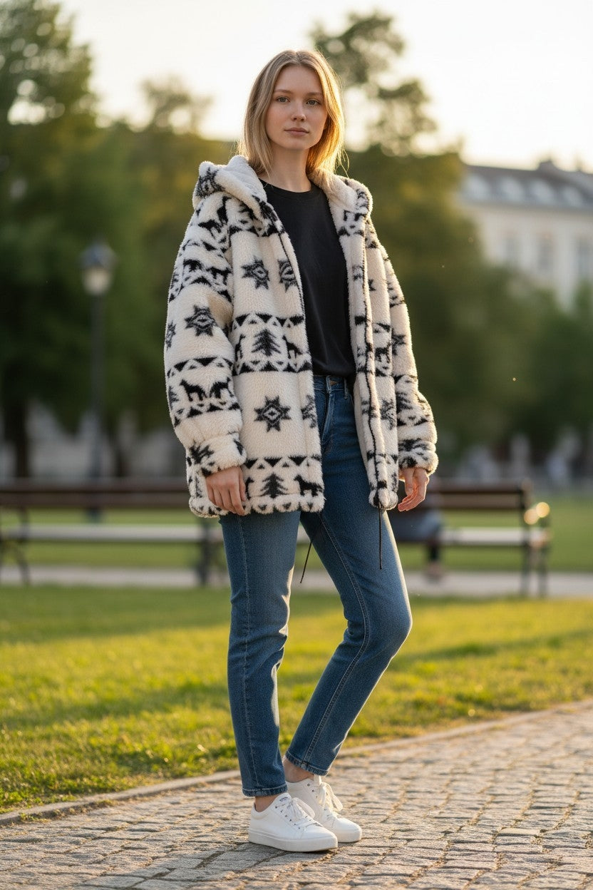 Giovanni Oversized Fleecejacke schwarz/ weiß Gr. 42