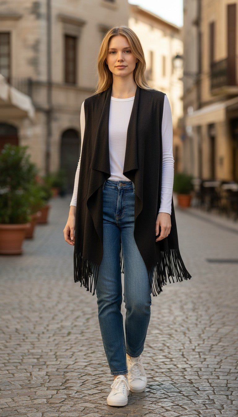 Amisu Damen Weste mit Franzen schwarz Gr. 34/36