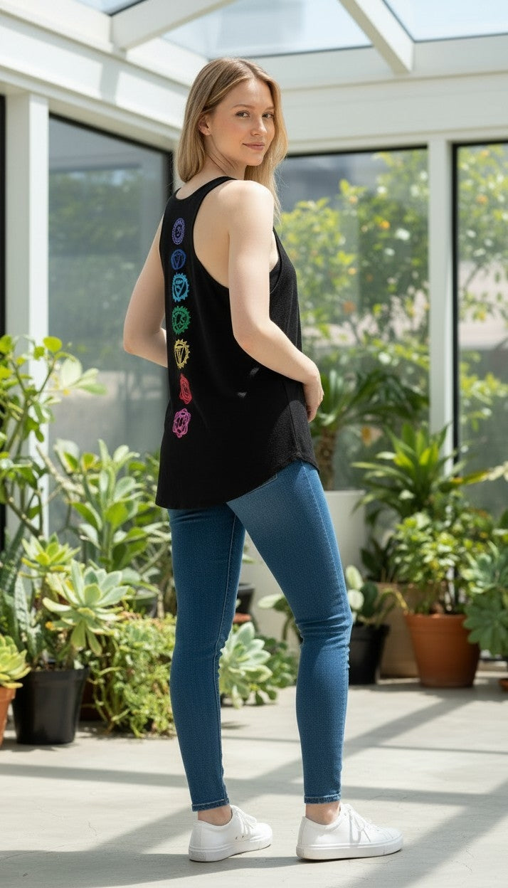 Damen schwarzes Tanktop mit bunten Symbolen